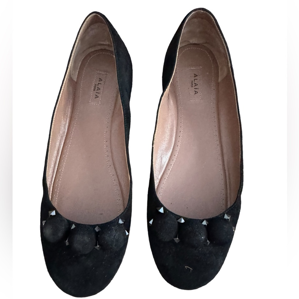 Alaia flats in Black Suede with studs and half round balls sz 40